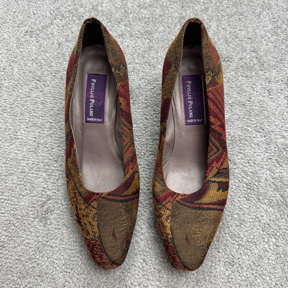 Phyllis Poland Tapestry Pointed Toe Kitten Heels Womens 8B Multi-Color Retro